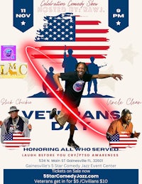 a flyer for veterans day featuring a man and an american flag